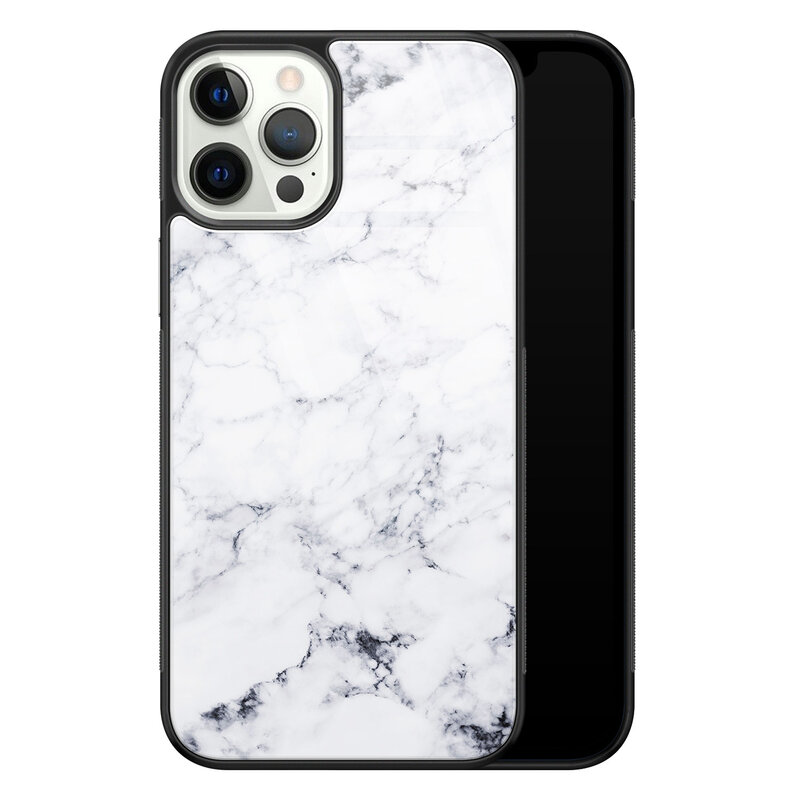 Leuke Telefoonhoesjes iPhone 12 Pro glazen hardcase - Marmer grijs