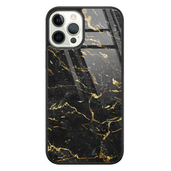 Leuke Telefoonhoesjes iPhone 12 Pro glazen hardcase - Marmer zwart goud