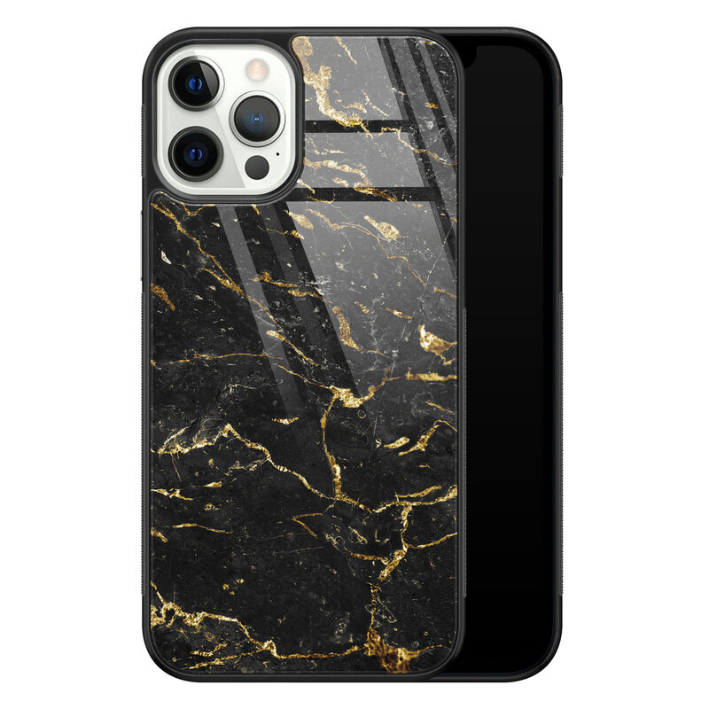 Leuke Telefoonhoesjes iPhone 12 Pro glazen hardcase - Marmer zwart goud