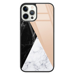 Leuke Telefoonhoesjes iPhone 12 Pro glazen hardcase - Marmer zwart bruin