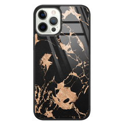 Leuke Telefoonhoesjes iPhone 12 Pro glazen hardcase - Marmer zwart brons