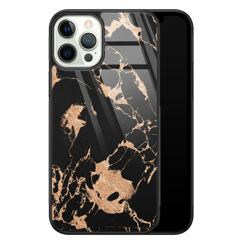 Leuke Telefoonhoesjes iPhone 12 Pro glazen hardcase - Marmer zwart brons