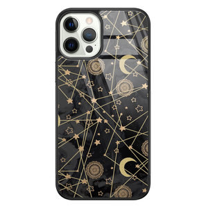 Leuke Telefoonhoesjes iPhone 12 Pro glazen hardcase - Sun, moon, stars