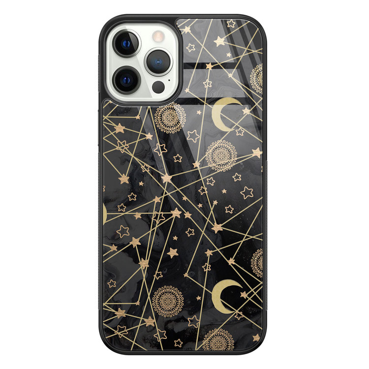 Leuke Telefoonhoesjes iPhone 12 Pro glazen hardcase - Sun, moon, stars