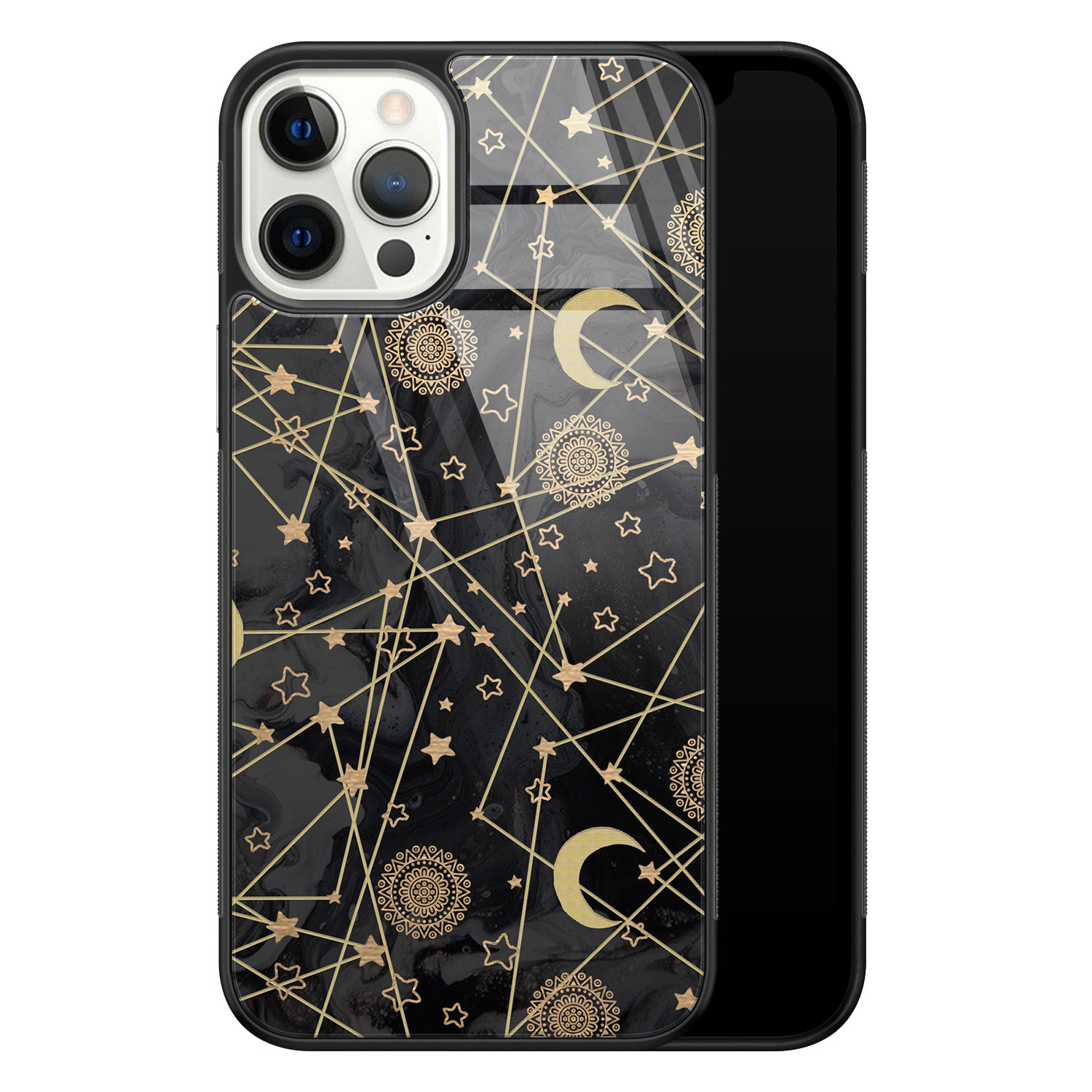 Leuke Telefoonhoesjes iPhone 12 Pro glazen hardcase - Sun, moon, stars