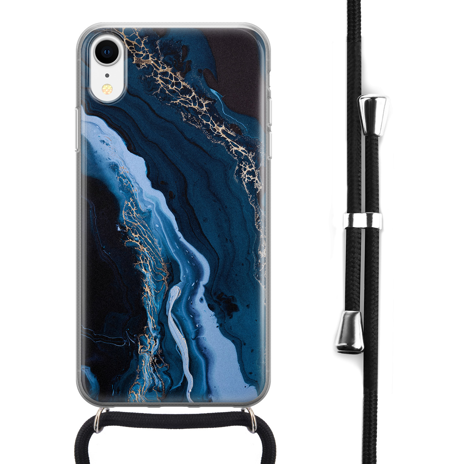 Leuke Telefoonhoesjes iPhone XR hoesje met koord - Marmer lagoon blauw