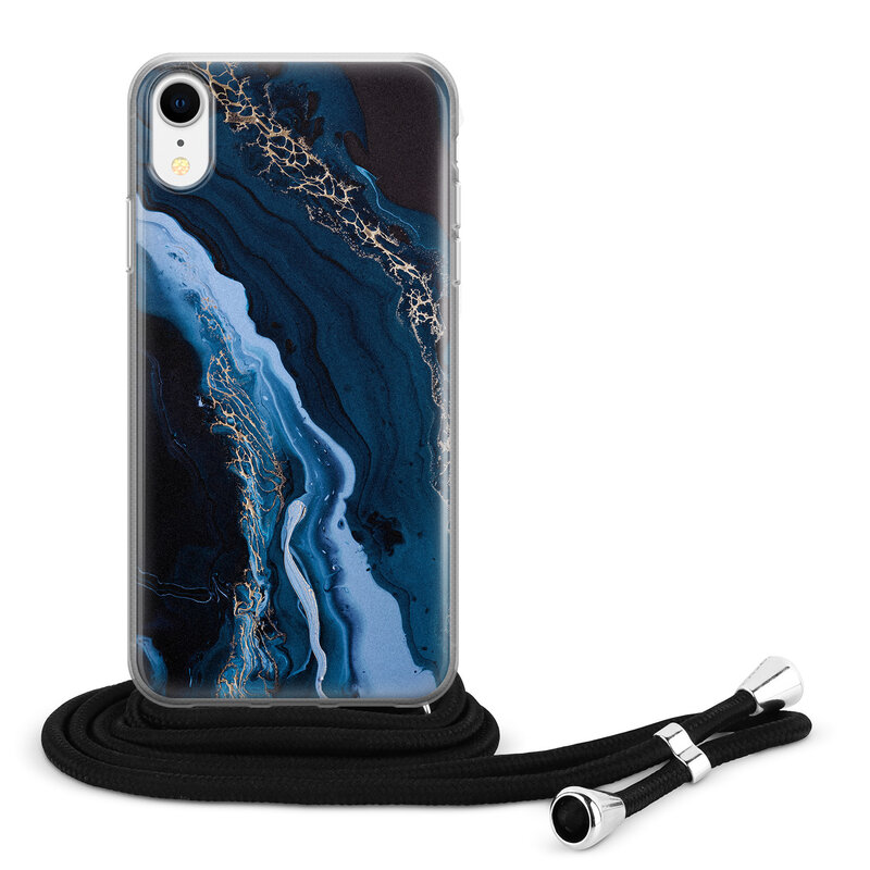 Leuke Telefoonhoesjes iPhone XR hoesje met koord - Marmer lagoon blauw