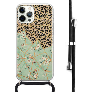Leuke Telefoonhoesjes iPhone 12 Pro Max hoesje met koord - Luipaard flower print