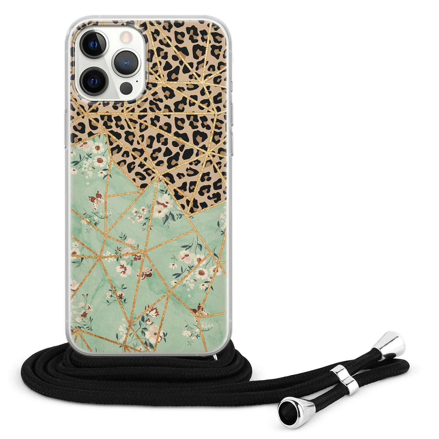 Leuke Telefoonhoesjes iPhone 12 Pro Max hoesje met koord - Luipaard flower print