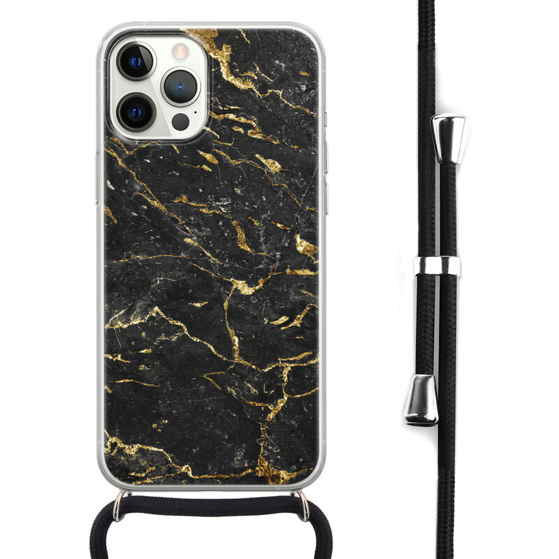 Leuke Telefoonhoesjes iPhone 12 Pro Max hoesje met koord - Marmer zwart goud