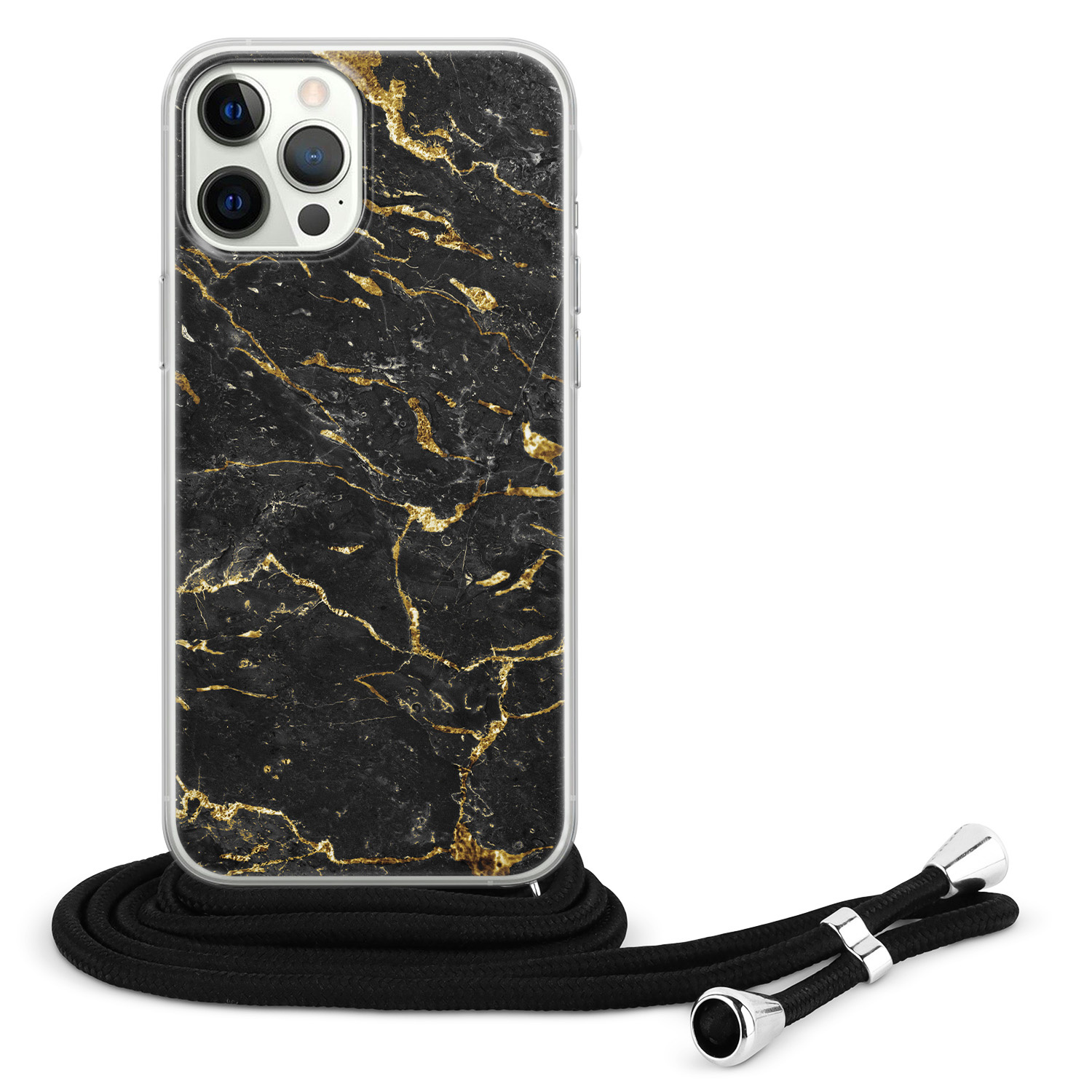 Leuke Telefoonhoesjes iPhone 12 Pro Max hoesje met koord - Marmer zwart goud