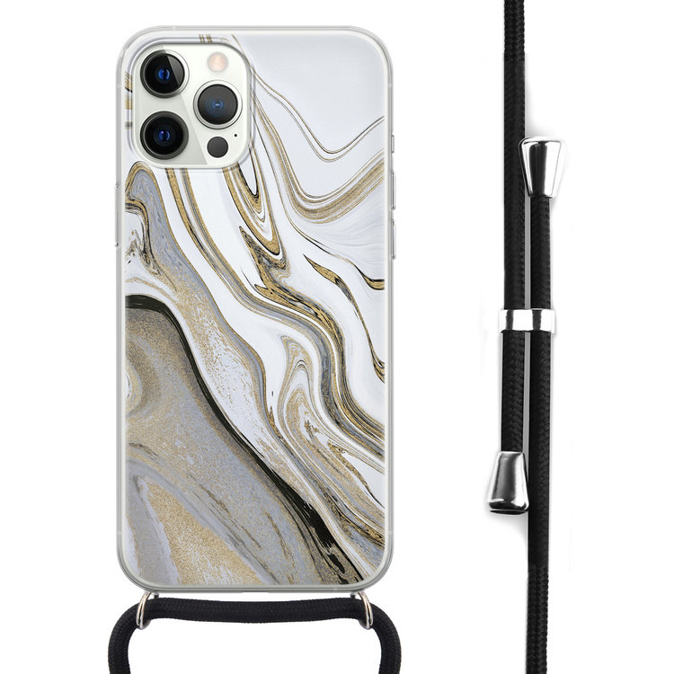 Leuke Telefoonhoesjes iPhone 12 Pro Max hoesje met koord - Marmer wit goud