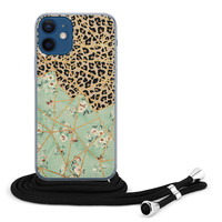 Leuke Telefoonhoesjes iPhone 12 mini hoesje met koord - Luipaard flower print