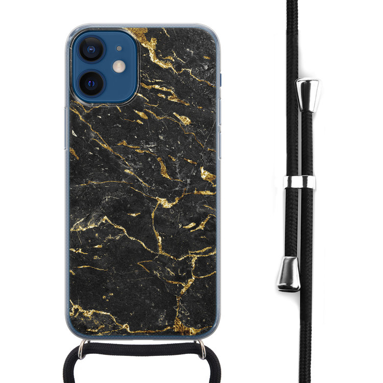 Leuke Telefoonhoesjes iPhone 12 mini hoesje met koord - Marmer zwart goud