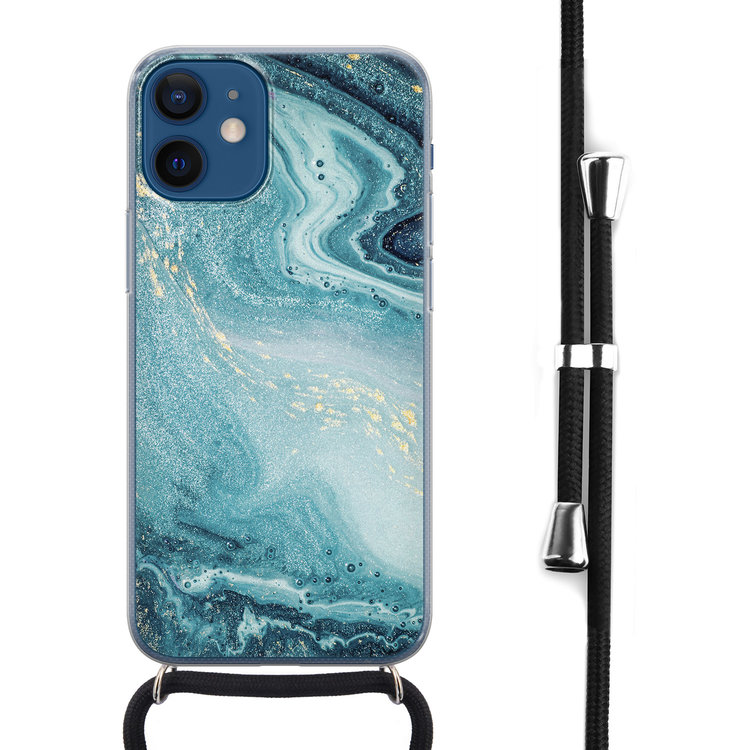 Leuke Telefoonhoesjes iPhone 12 mini hoesje met koord - Marmer blauw