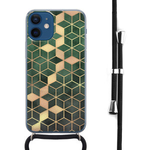 Leuke Telefoonhoesjes iPhone 12 mini hoesje met koord - Green cubes