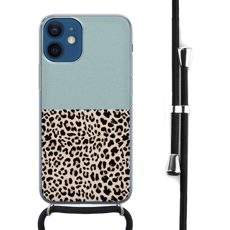 Leuke Telefoonhoesjes iPhone 12 mini hoesje met koord - Luipaard mint