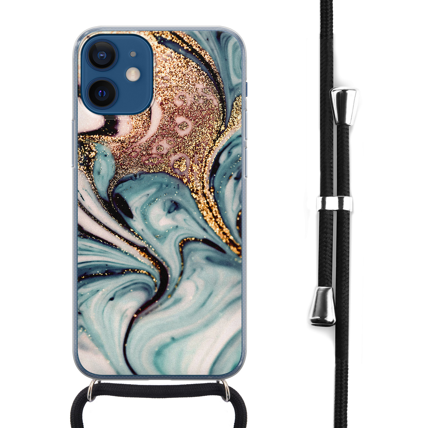 Leuke Telefoonhoesjes iPhone 12 mini hoesje met koord - Marmer blauw swirl
