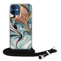 Leuke Telefoonhoesjes iPhone 12 mini hoesje met koord - Marmer blauw swirl