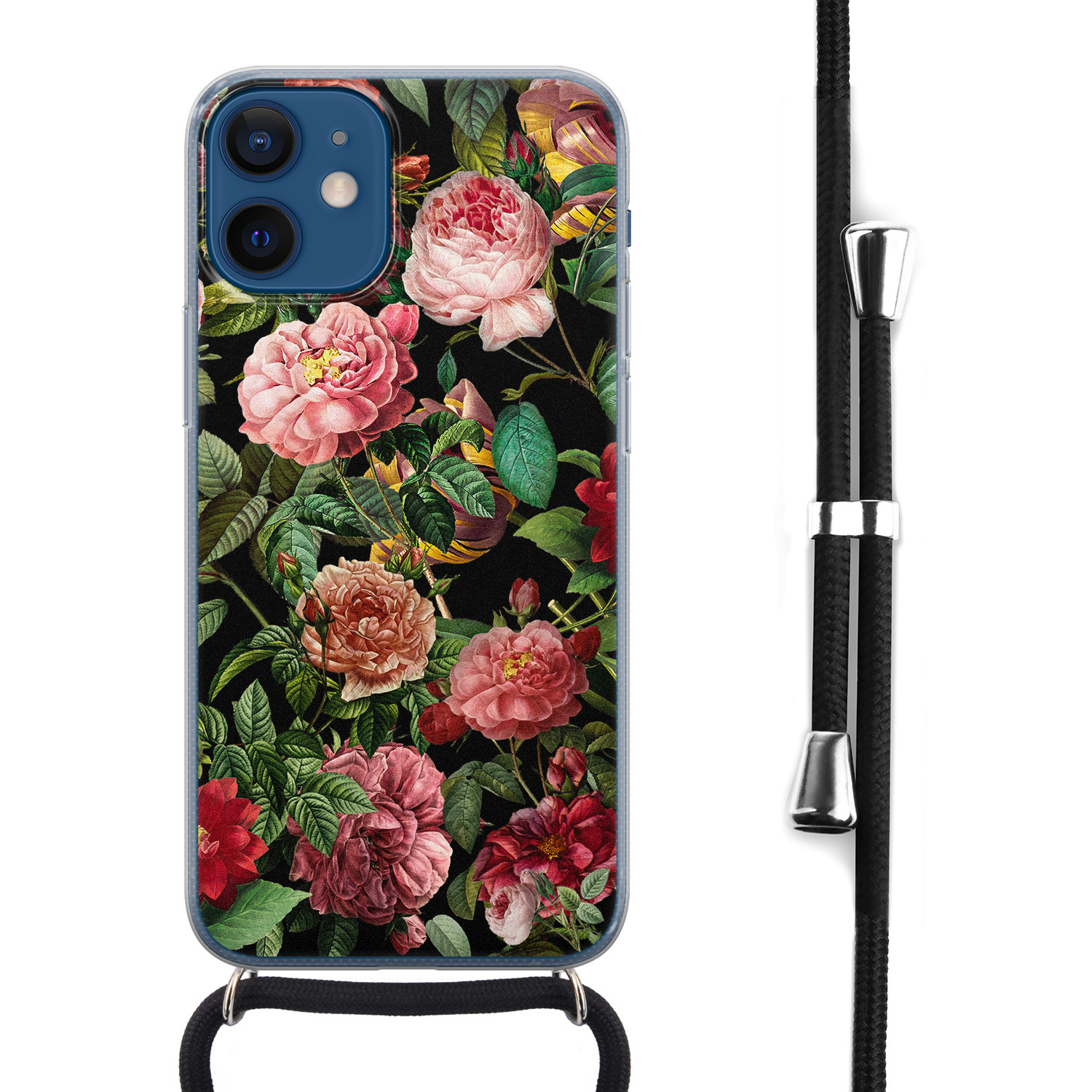 Leuke Telefoonhoesjes iPhone 12 mini hoesje met koord - Rode bloemen