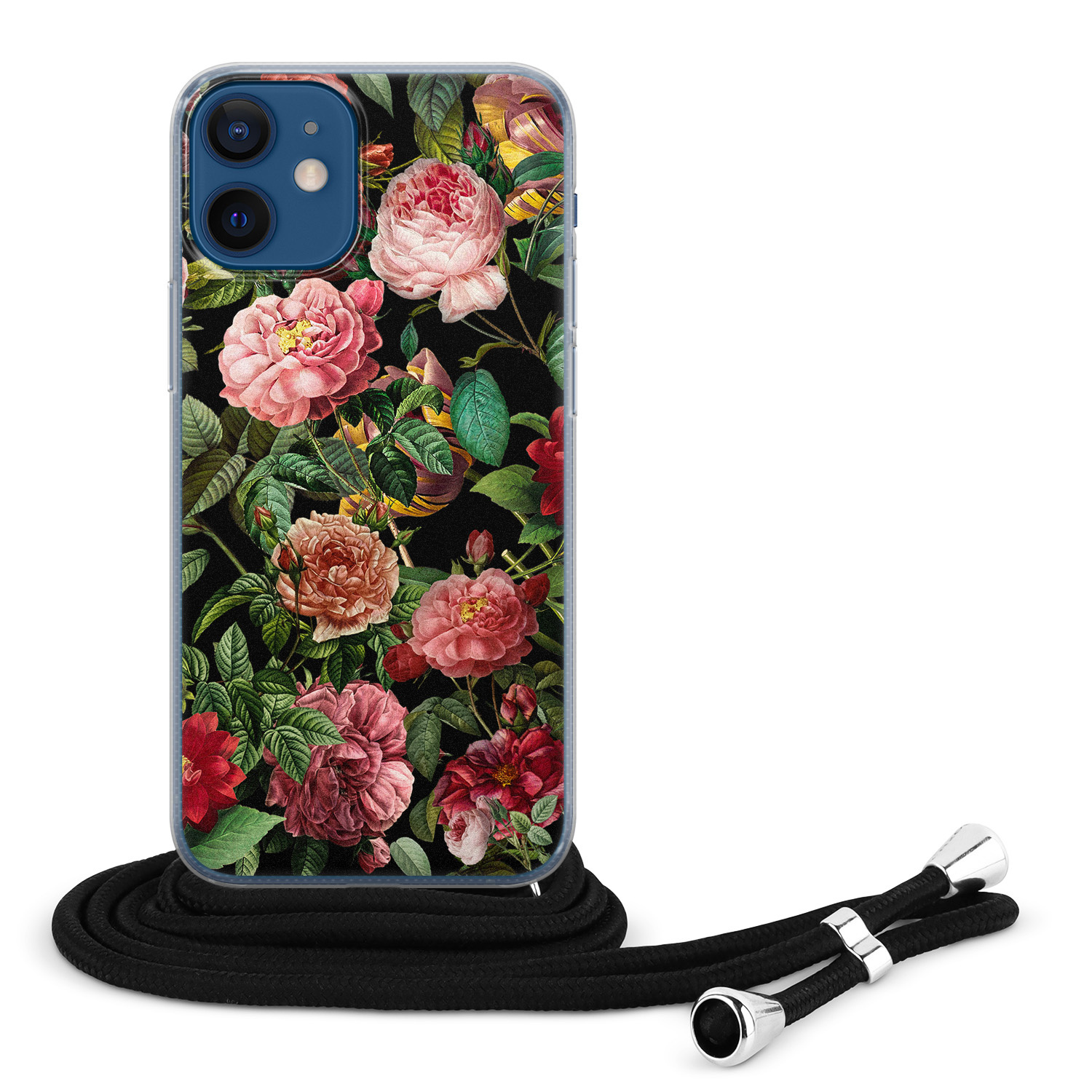 Leuke Telefoonhoesjes iPhone 12 mini hoesje met koord - Rode bloemen