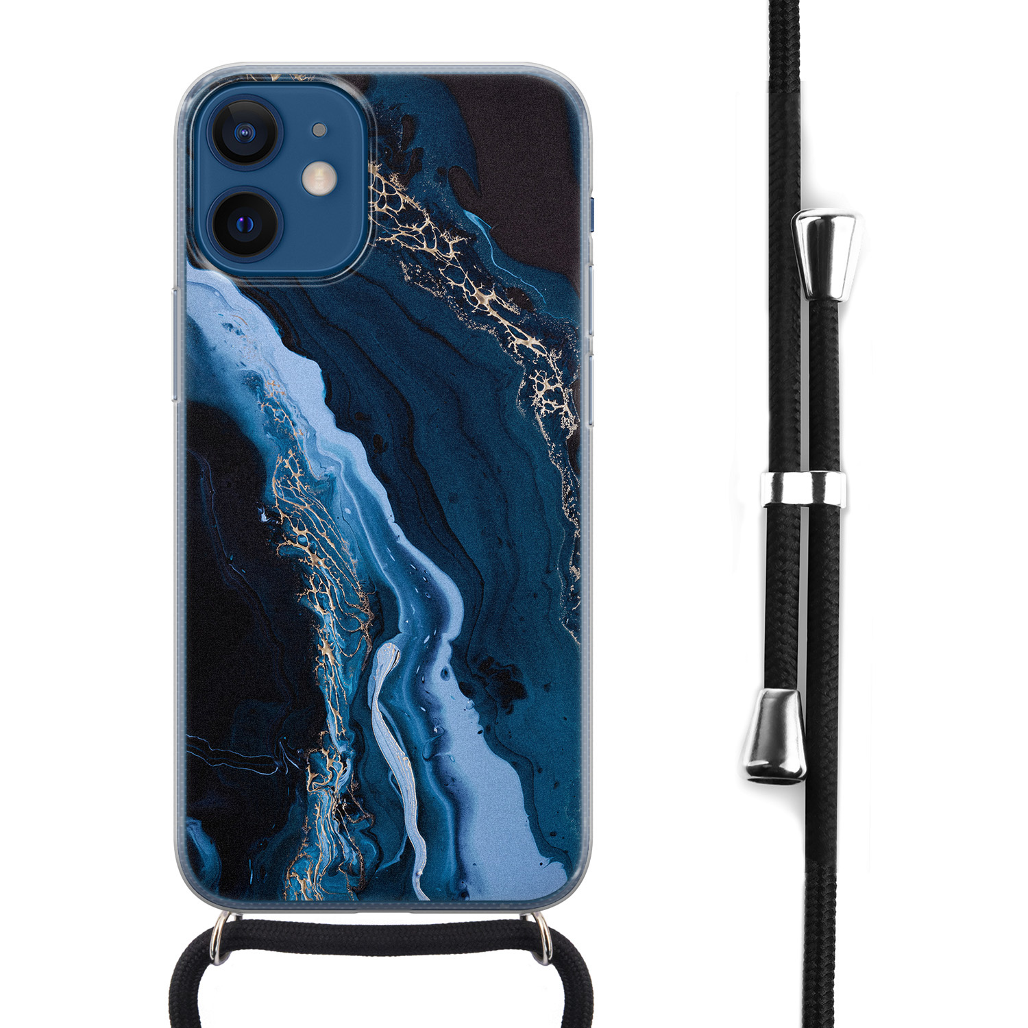 Leuke Telefoonhoesjes iPhone 12 mini hoesje met koord - Marmer kobaltblauuw