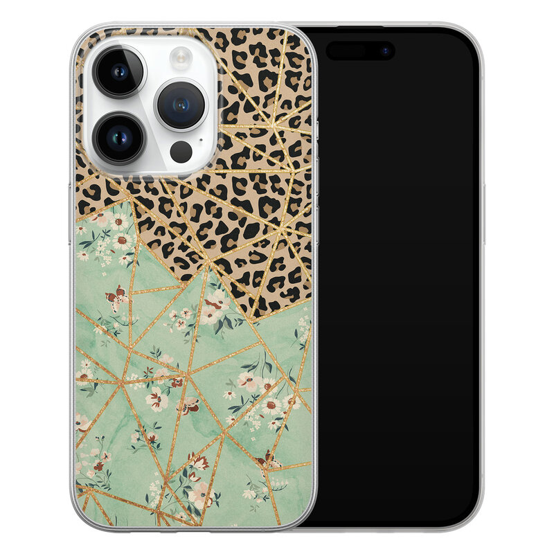 Leuke Telefoonhoesjes iPhone 14 Pro siliconen hoesje - Luipaard flower print