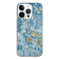 Leuke Telefoonhoesjes iPhone 14 Pro siliconen hoesje - Goud blauw marmer