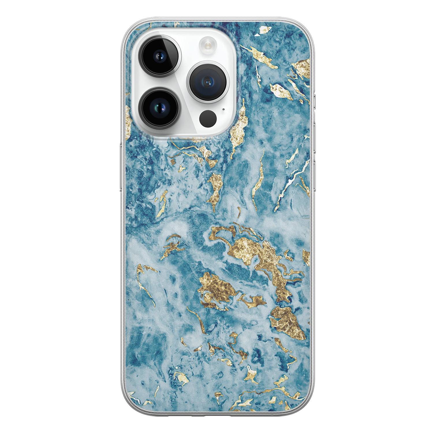 Leuke Telefoonhoesjes iPhone 14 Pro siliconen hoesje - Goud blauw marmer