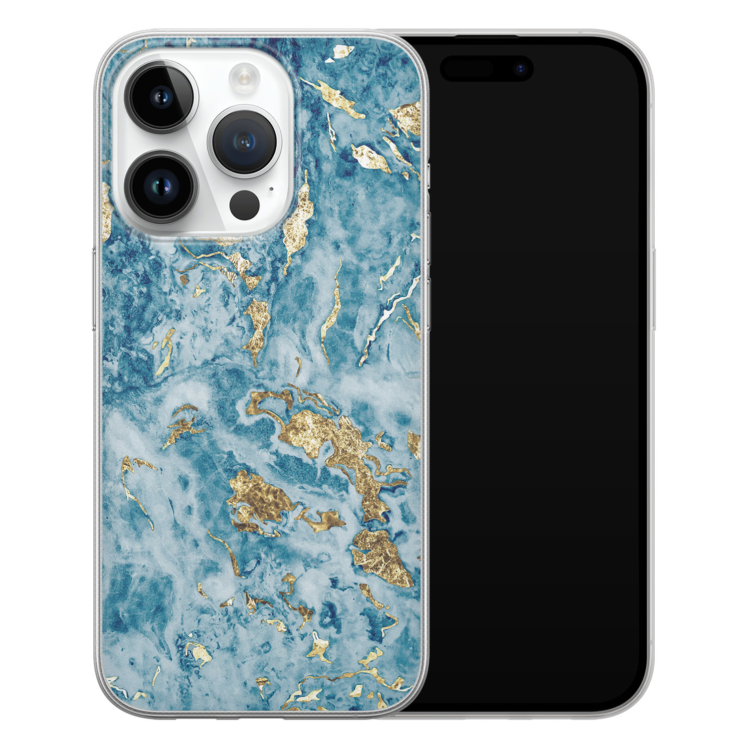 Leuke Telefoonhoesjes iPhone 14 Pro siliconen hoesje - Goud blauw marmer