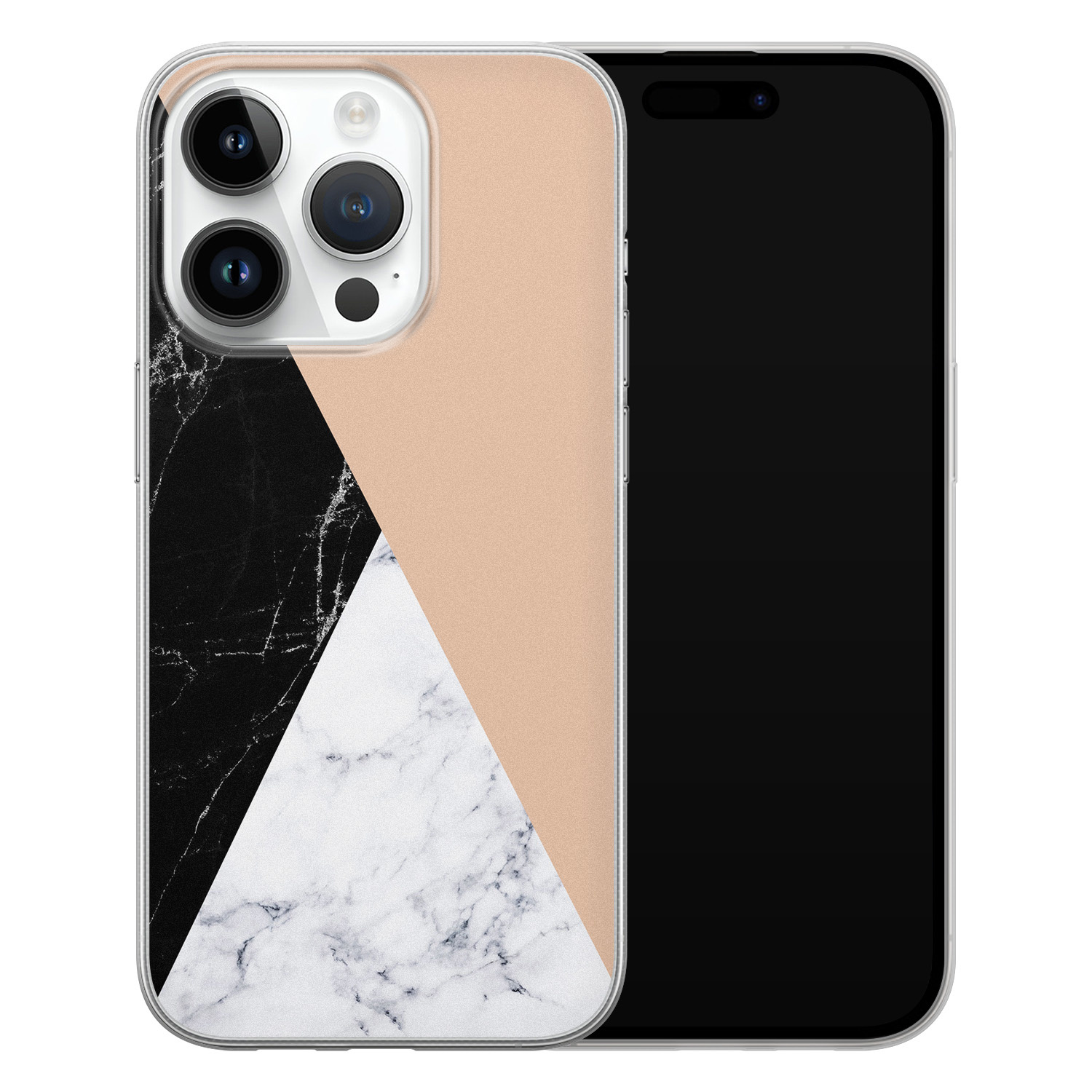 Leuke Telefoonhoesjes iPhone 14 Pro siliconen hoesje - Marmer zwart bruin