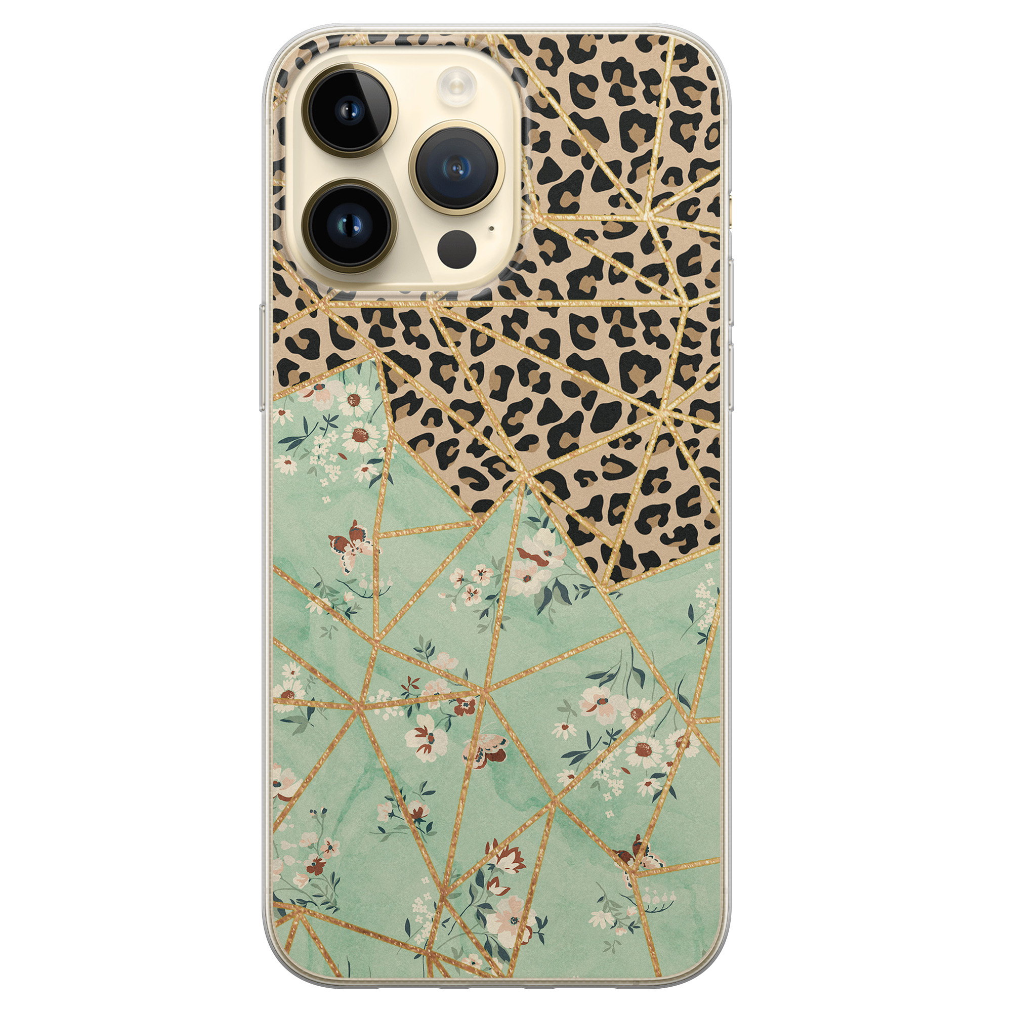 iPhone 14 Pro Max siliconen hoesje - Luipaard flower print