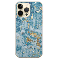 iPhone 14 Pro Max siliconen hoesje - Goud blauw marmer