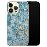 iPhone 14 Pro Max siliconen hoesje - Goud blauw marmer