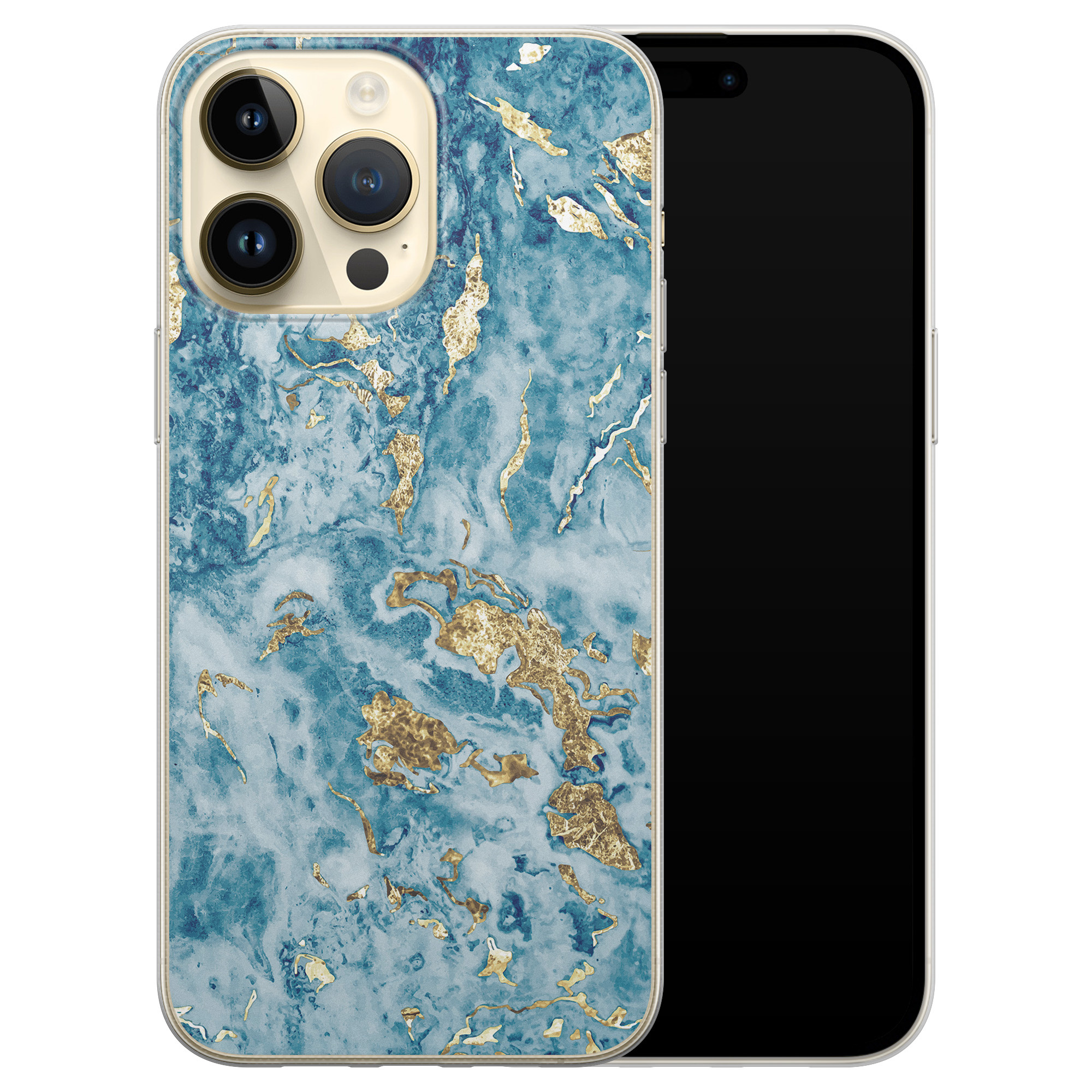 iPhone 14 Pro Max siliconen hoesje - Goud blauw marmer