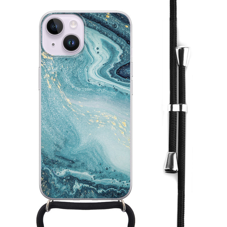Leuke Telefoonhoesjes iPhone 14 hoesje met koord - Marmer blauw