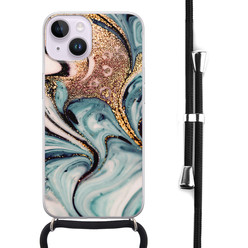 Leuke Telefoonhoesjes iPhone 14 hoesje met koord - Marmer blauw swirl