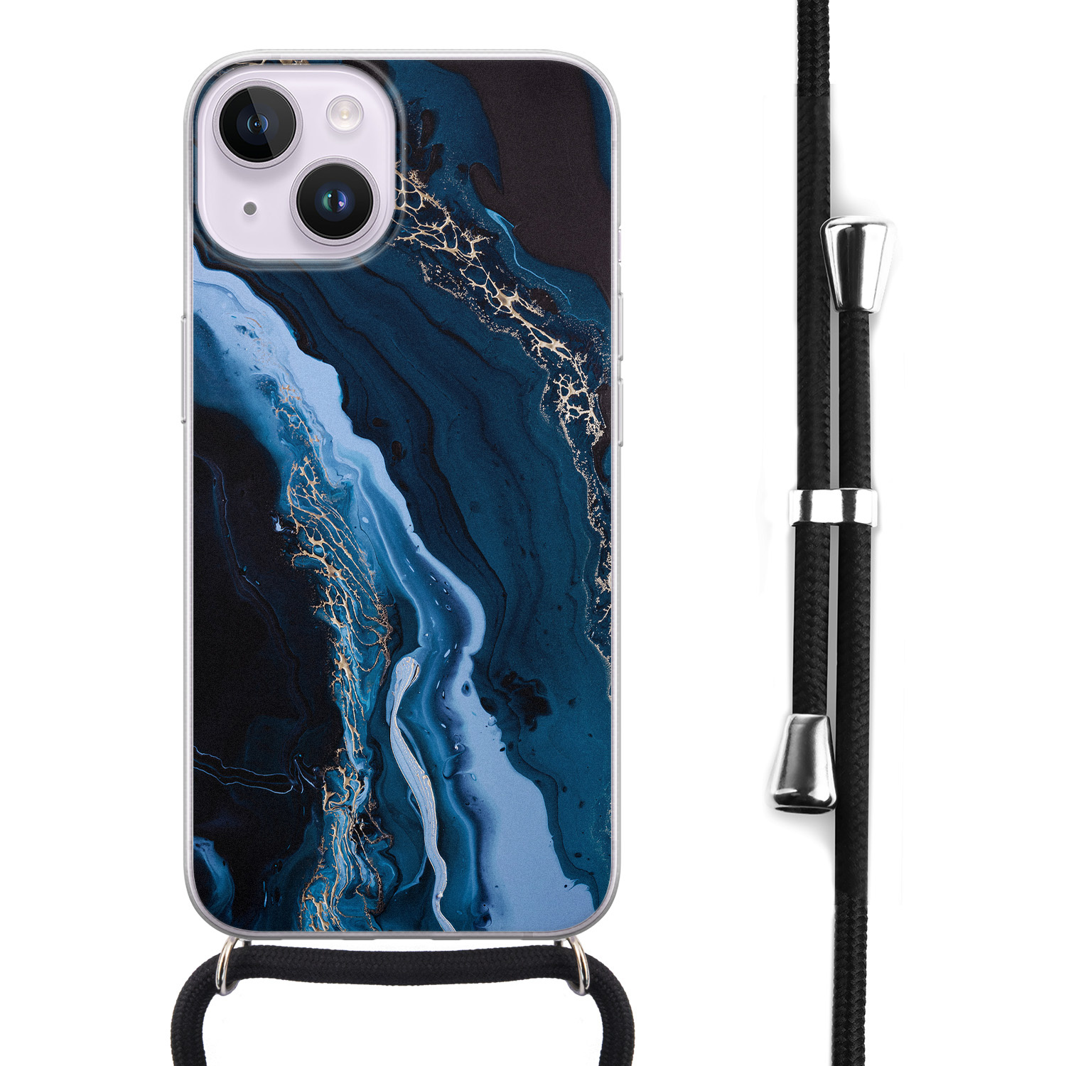 Leuke Telefoonhoesjes iPhone 14 hoesje met koord - Marmer lagoon blauw