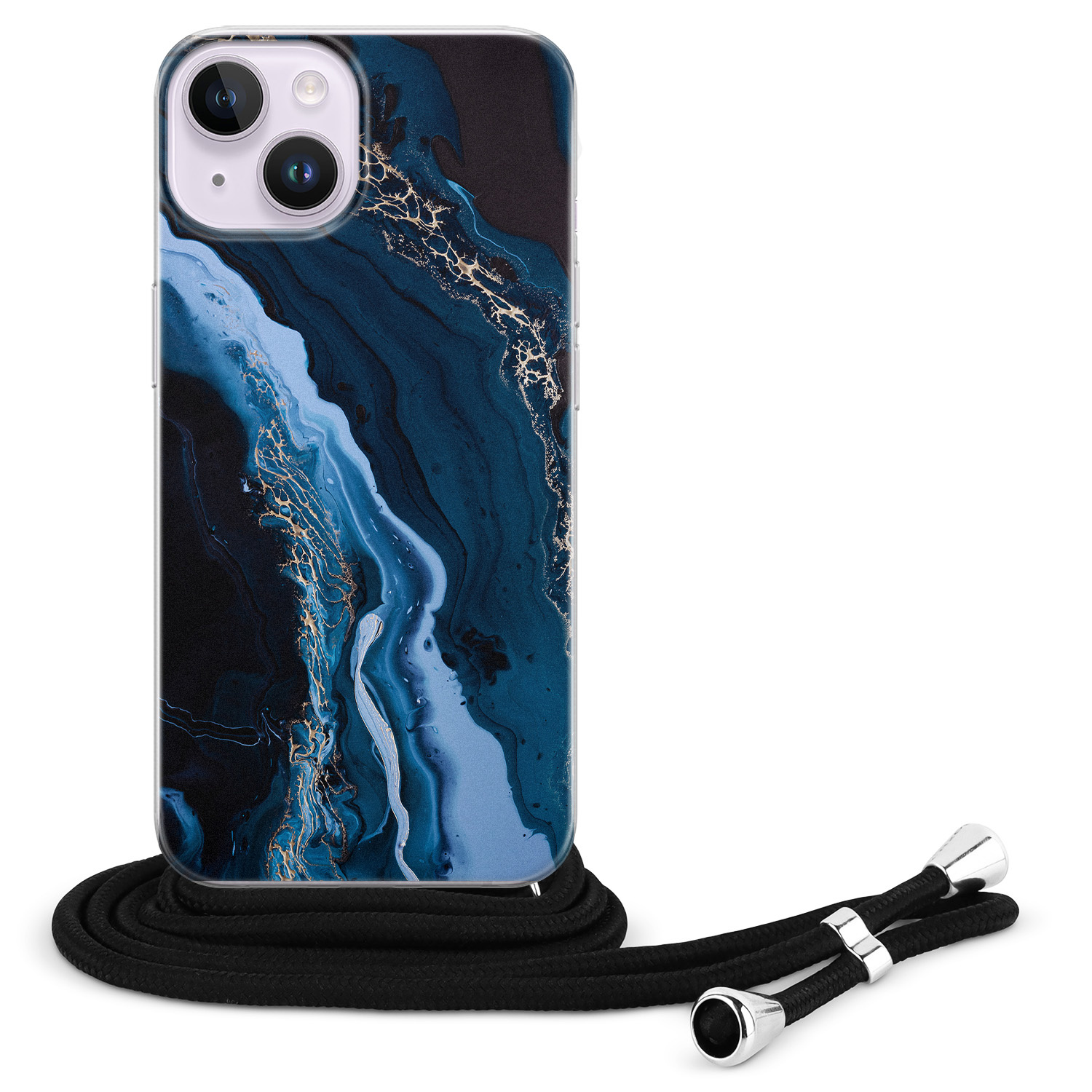 Leuke Telefoonhoesjes iPhone 14 hoesje met koord - Marmer lagoon blauw