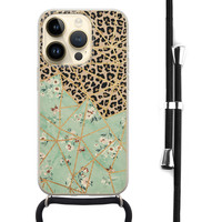 Leuke Telefoonhoesjes iPhone 14 Pro hoesje met koord - Luipaard flower print