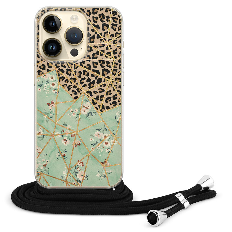 Leuke Telefoonhoesjes iPhone 14 Pro hoesje met koord - Luipaard flower print