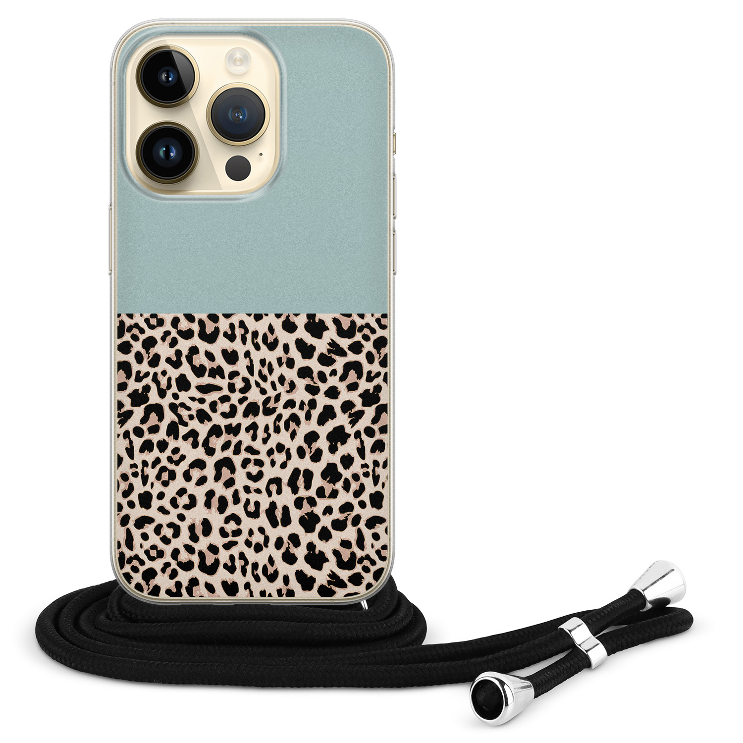 Leuke Telefoonhoesjes iPhone 14 Pro hoesje met koord - Luipaard mint