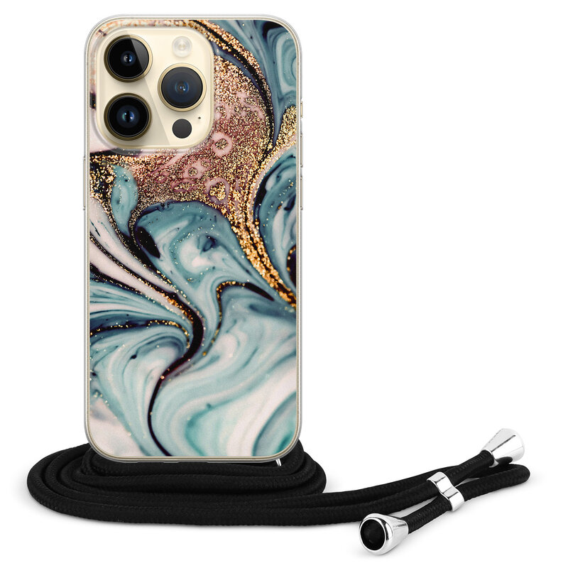 Leuke Telefoonhoesjes iPhone 14 Pro hoesje met koord - Marmer blauw swirl