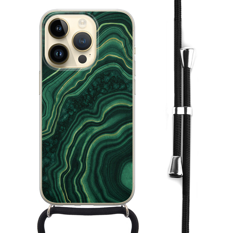 Leuke Telefoonhoesjes iPhone 14 Pro hoesje met koord - Marmer groen agate