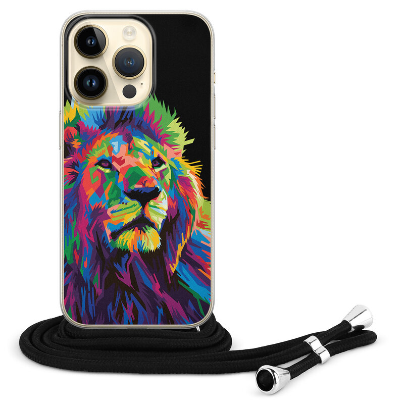 Leuke Telefoonhoesjes iPhone 14 Pro hoesje met koord - Leeuw pop art