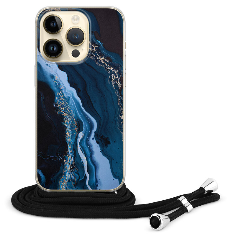 Leuke Telefoonhoesjes iPhone 14 Pro hoesje met koord - Marmer lagoon blauw