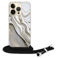 Leuke Telefoonhoesjes iPhone 14 Pro hoesje met koord - Marmer wit goud