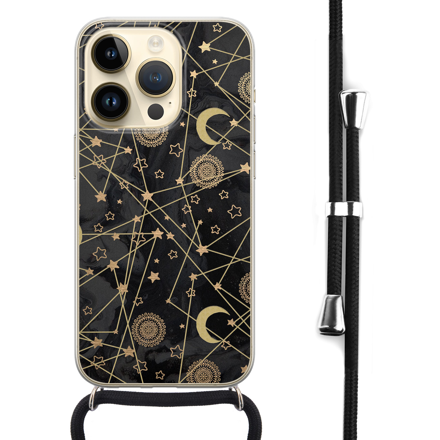 Leuke Telefoonhoesjes iPhone 14 Pro hoesje met koord - Sun, moon, stars