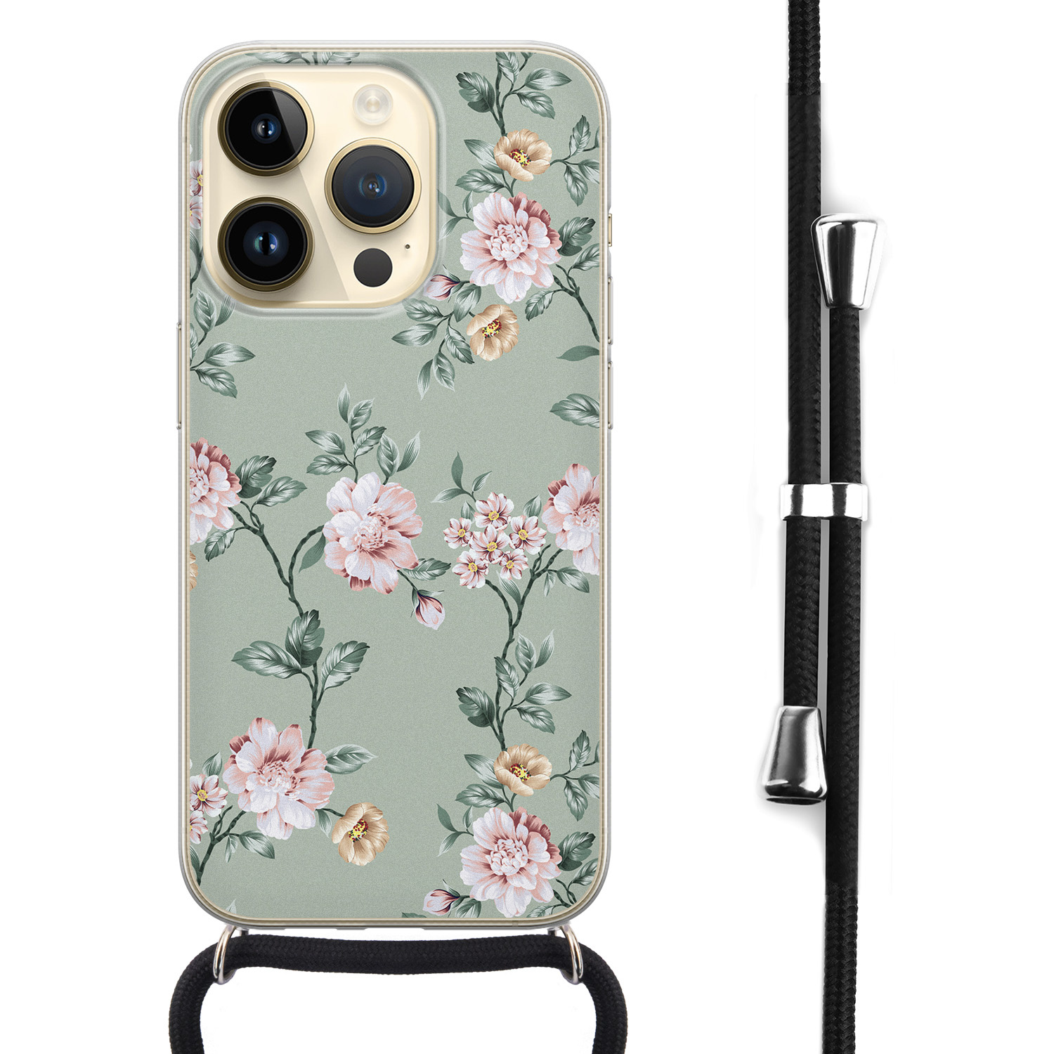 Leuke Telefoonhoesjes iPhone 14 Pro hoesje met koord - Bloemetjes