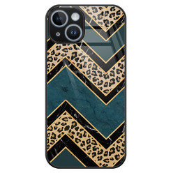 Leuke Telefoonhoesjes iPhone 14 glazen hardcase - Luipaard zigzag